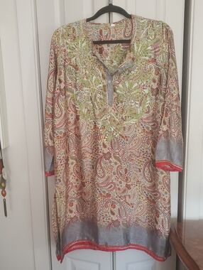 Silk Paisley Embroidered Split-Neck Tunic Dress in Multicolor